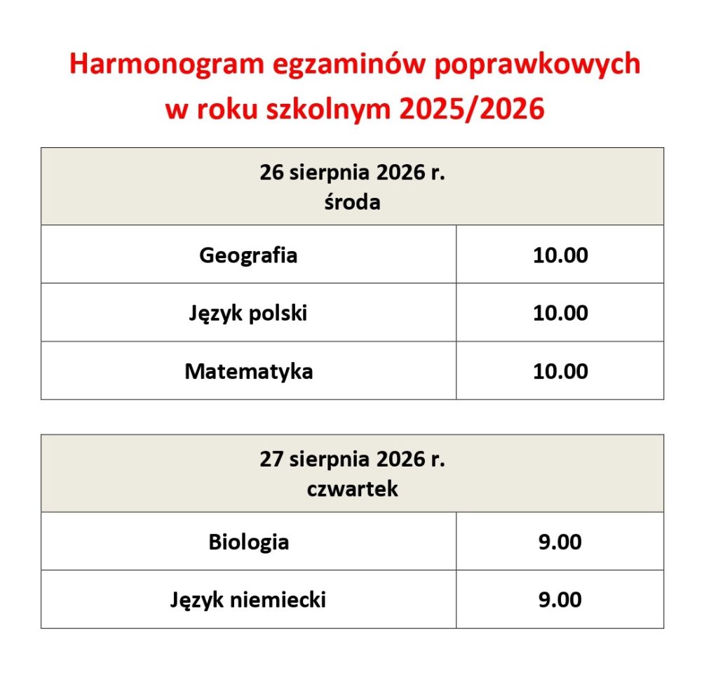 Harmonogram egzaminów poprawkowych